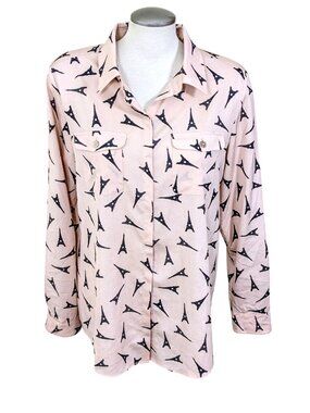 Karl Lagerfeld Blouse Womens L Peach Shirt Black Eiffel Tower Print Button Up